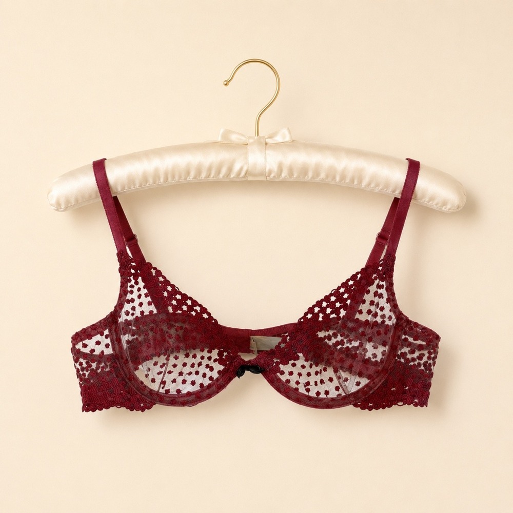 Fleur du Mal Dotty Demi Underwire Lace Bra Sheer Mesh Polka Dot Floral 34B Red